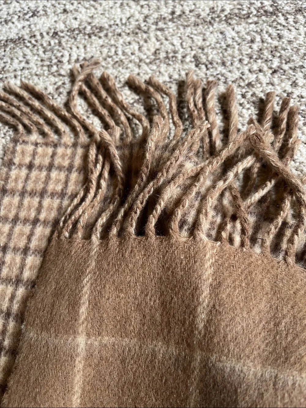 Polo by Ralph Lauren Tan and Brown Plaid Wool Scarf with Fringe